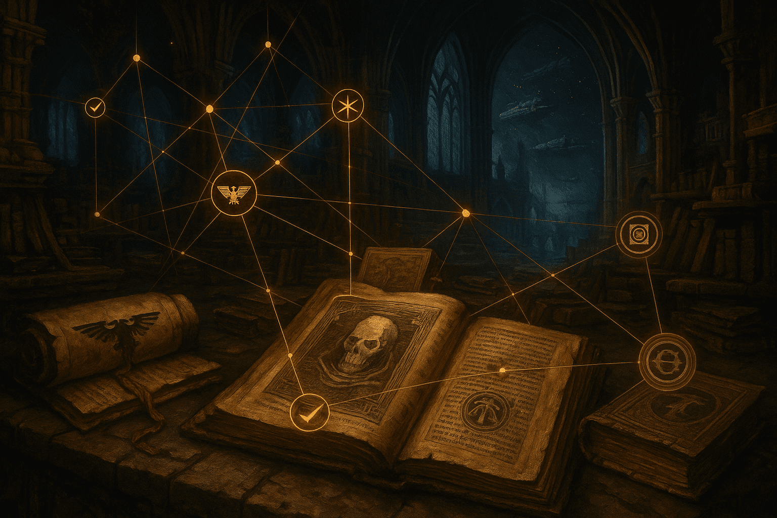 Description of the image (e.g., Black Library archives with data overlays)